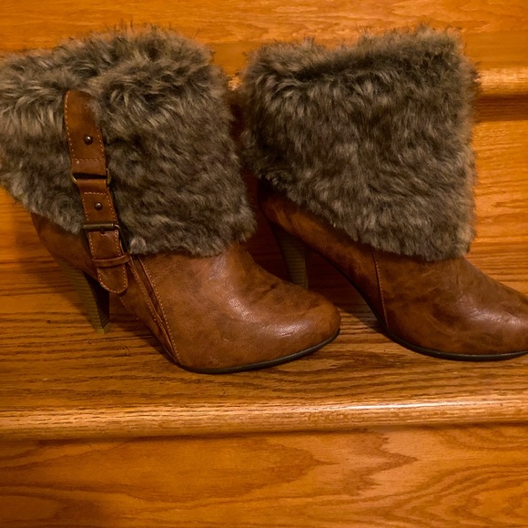 Brown Heeled Ankle Boots Fur Trim - Picture 1 of 3